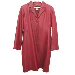 Metro Style Dark Red Genuine Leather 3/4 Length Trench Coat Size 10 Women's